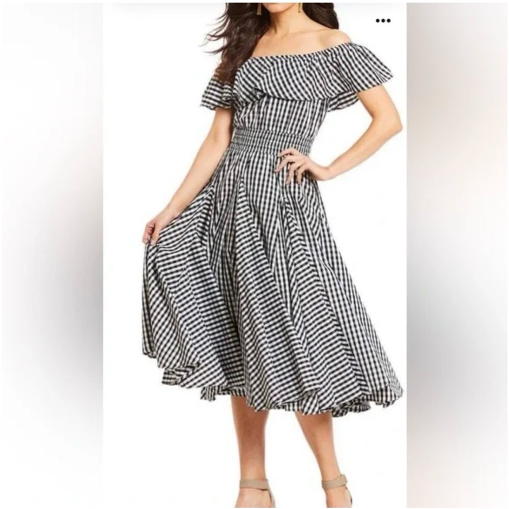 Olivia & Grace Women Smocked Ruffle flounce Off the Shoulder Midi Dress size L